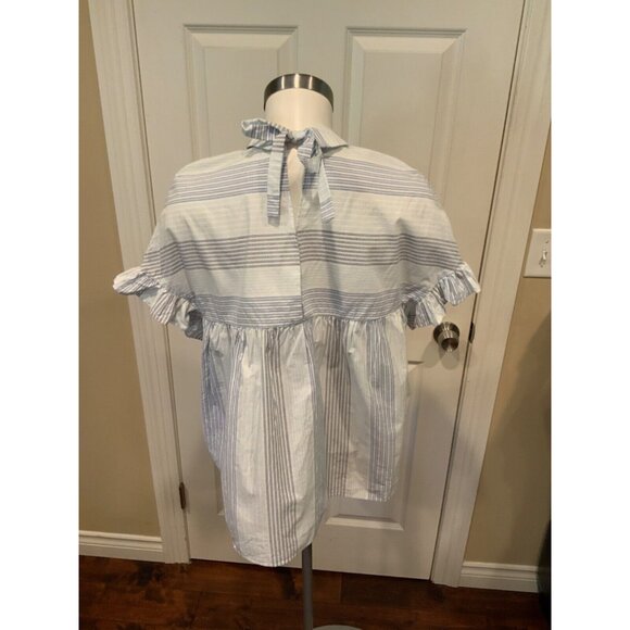 Zara Tafaluc Blue & White Striped Collared Short Sleeve Shirt, Size Small - Picture 4 of 5